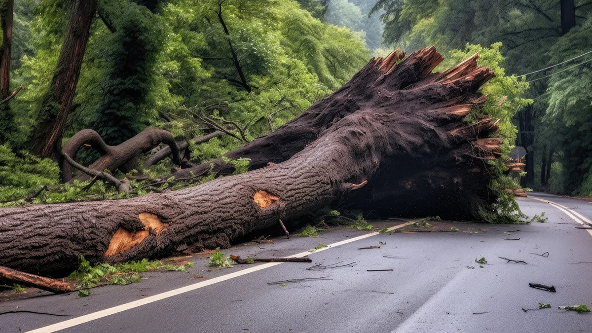 Trunk of a tree blocking the road. Emergency tree removal service on the way